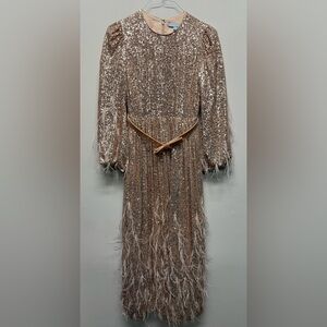 ANTONIO MELANI Pink and Gold Pleated Gown with Bateau Neckline